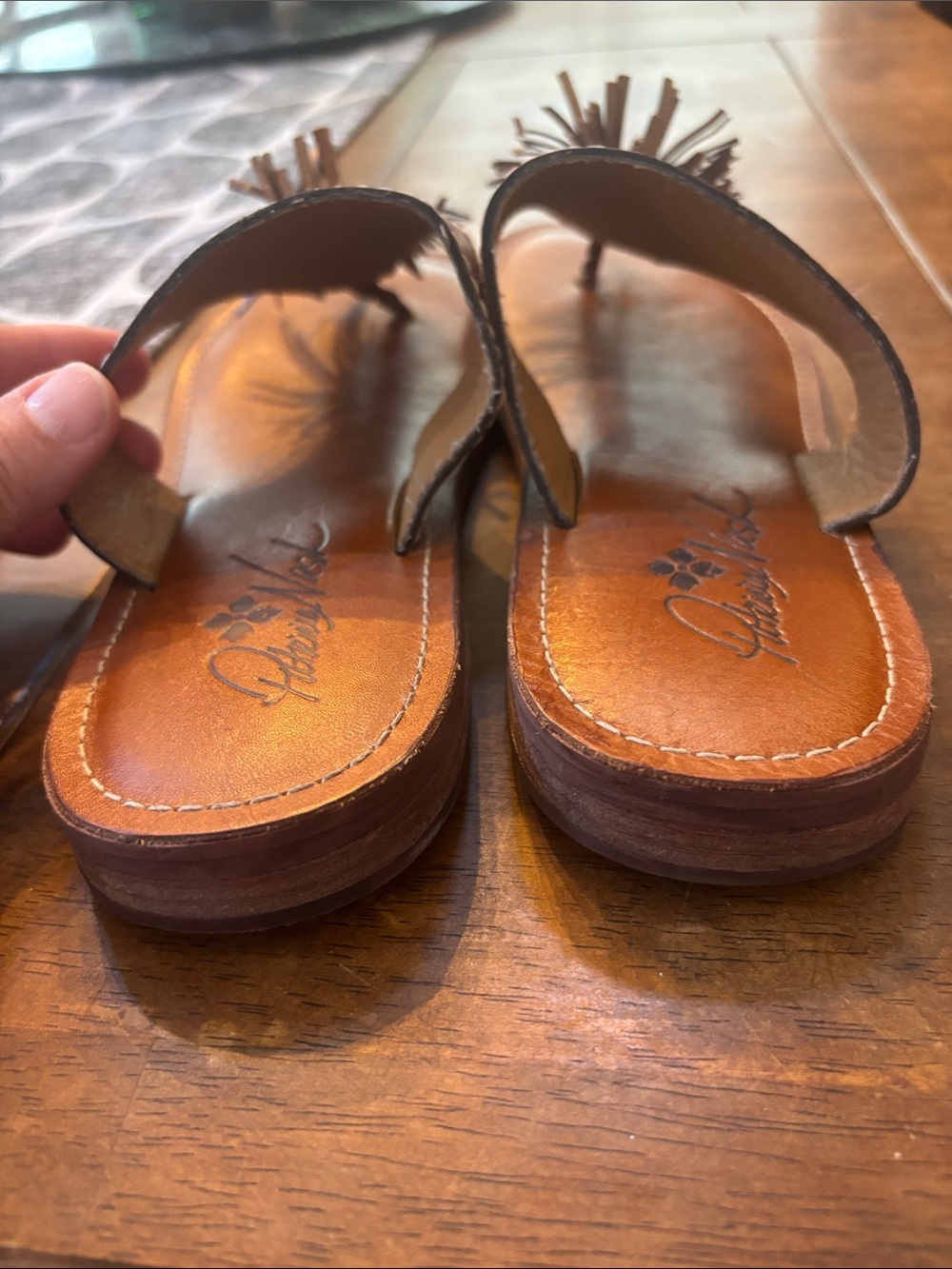 Patricia Nash Brown Leather Slide Sandals with Fringe Pom Accent - Picture 3 of 5